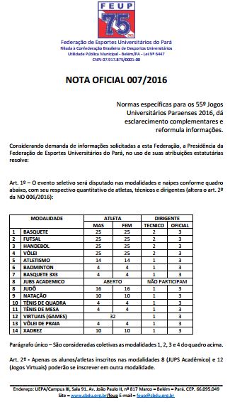 NOTA OFICIAL 07/2016 –&nbsp;FEUP